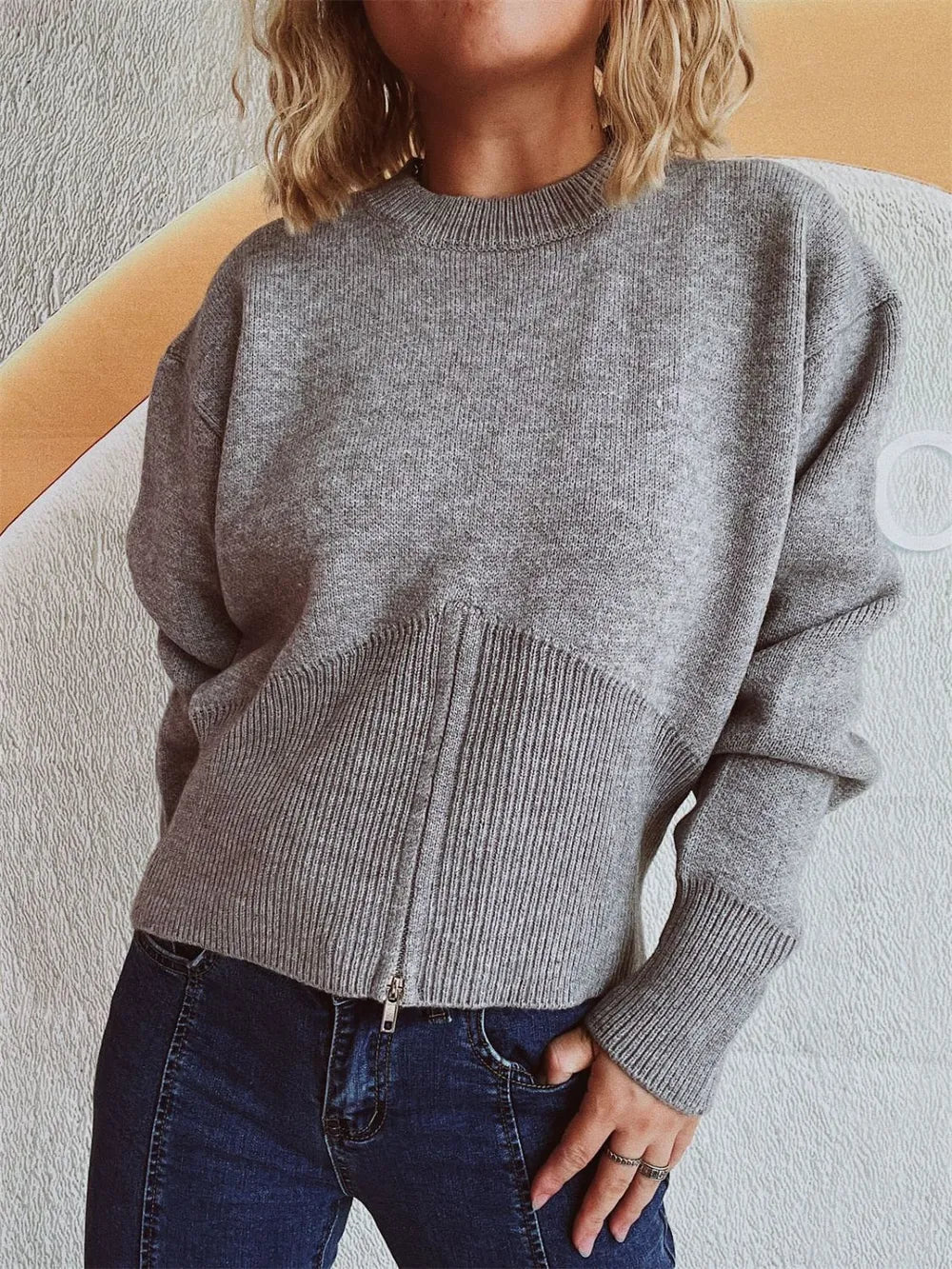 Half-Zip Long-Sleeve Knit Sweater in Gray – Fashion Line 575