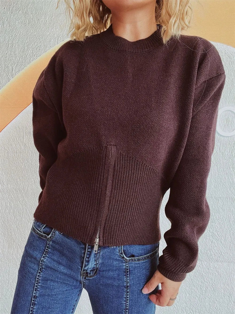 Half-Zip Long-Sleeve Knit Sweater in Chocolate – Fashion Line 575