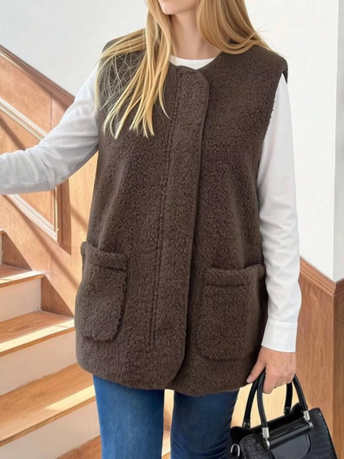 Coffee Brown sherpa vest with two patch pockets, worn over a white shirt.