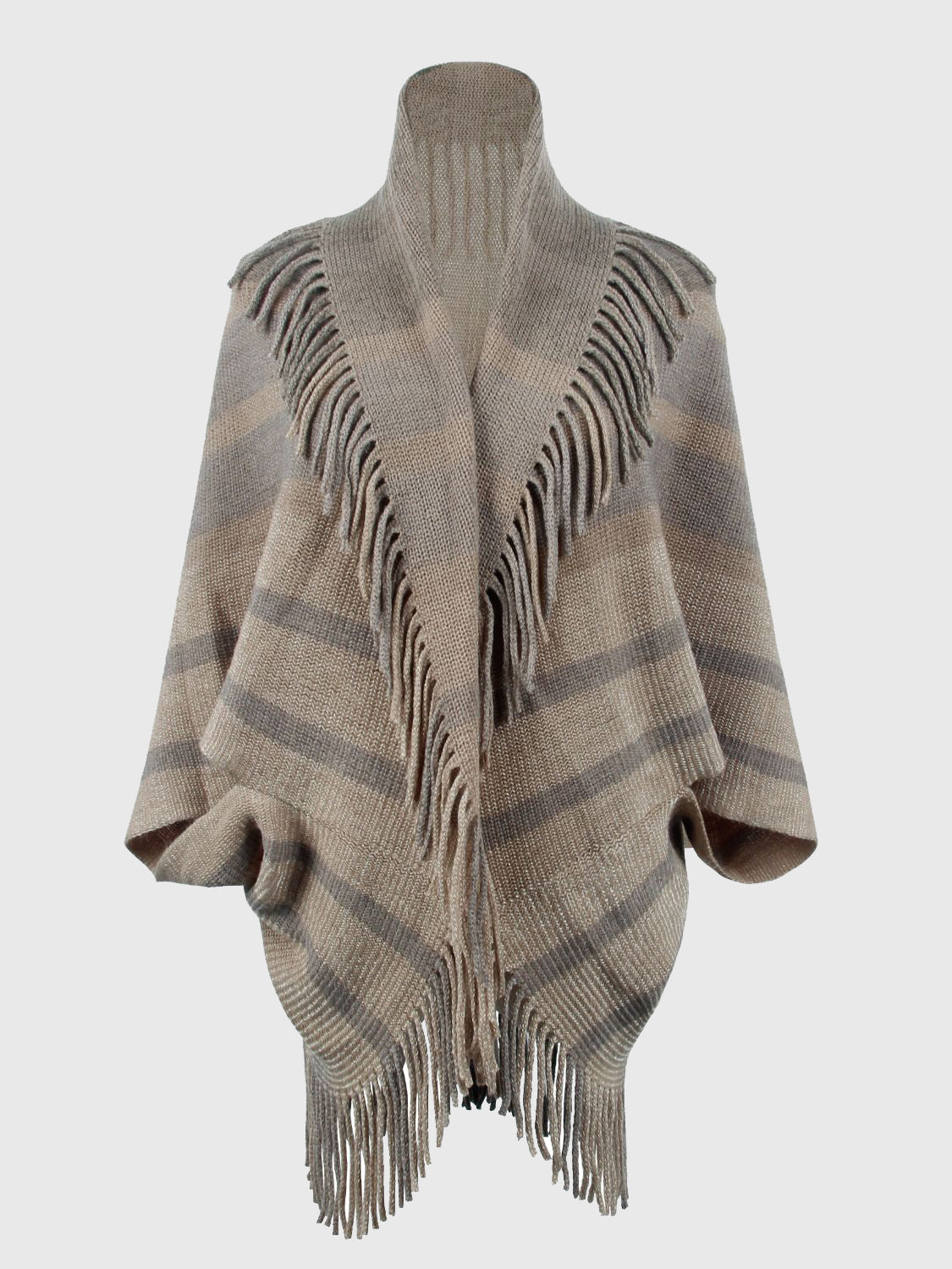 Taupe striped open-front poncho with fringe, displayed on a form.