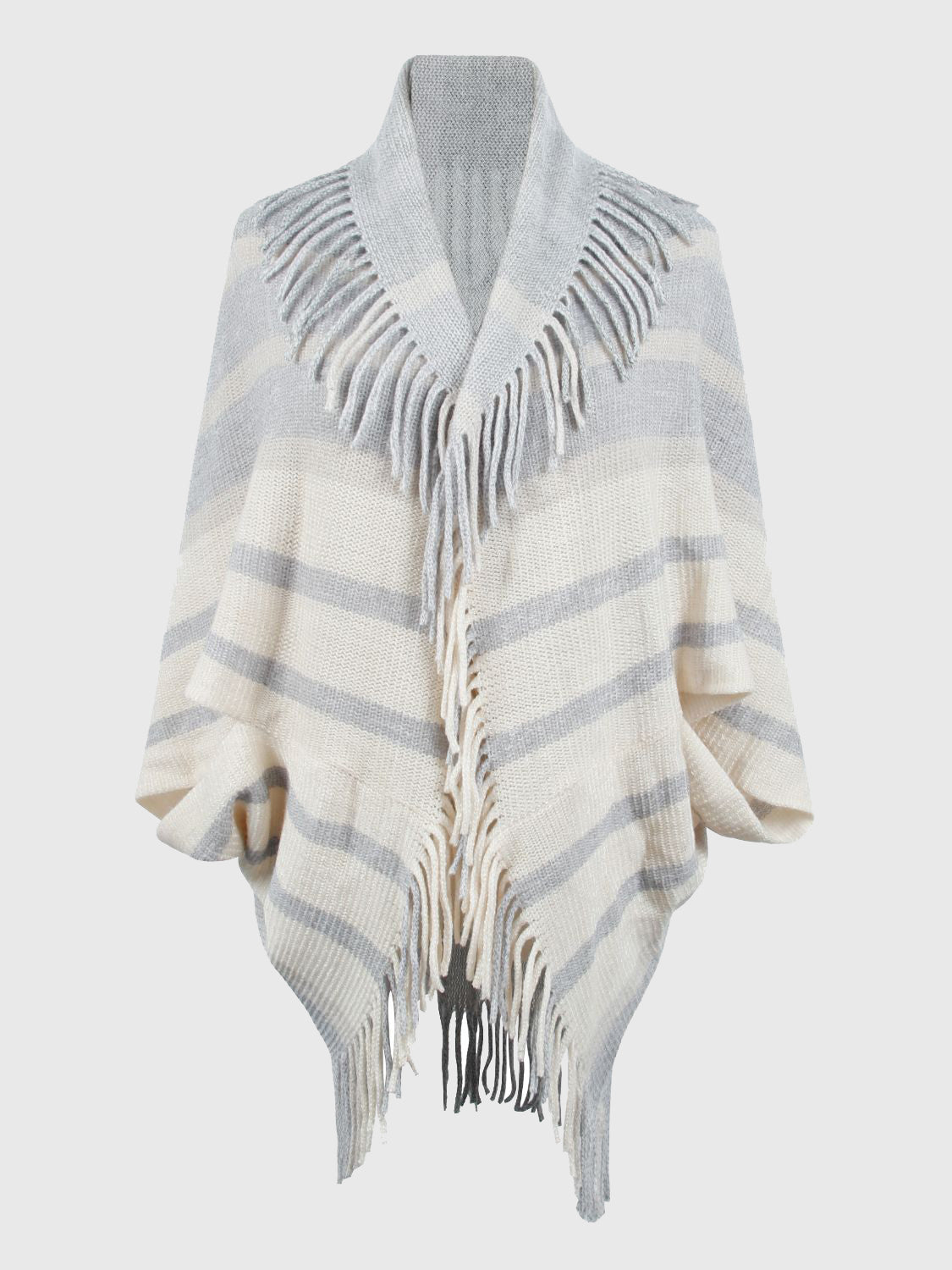 Light gray and cream striped open-front poncho displayed on a form.