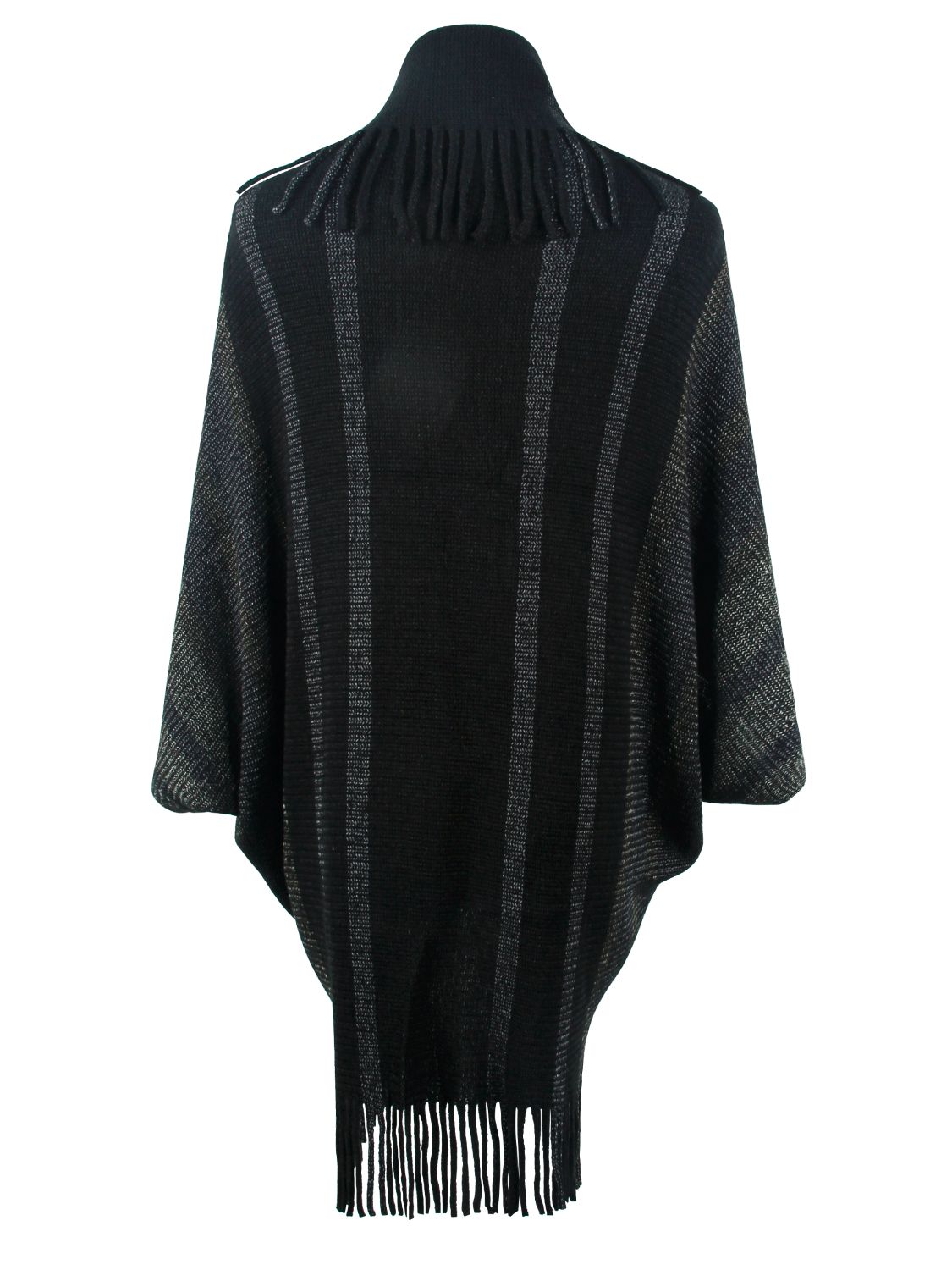 Back view of the black poncho with gray stripes and a fringed hem.