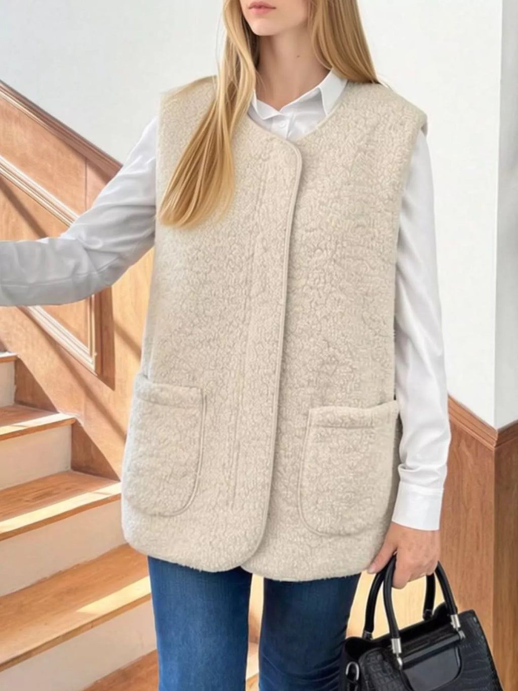 Beige collarless sherpa vest with two patch pockets, worn over a white shirt.
