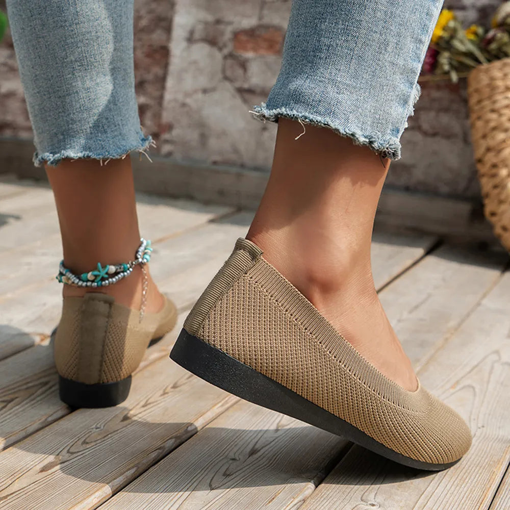 Side and heel view of khaki knit ballet flats.