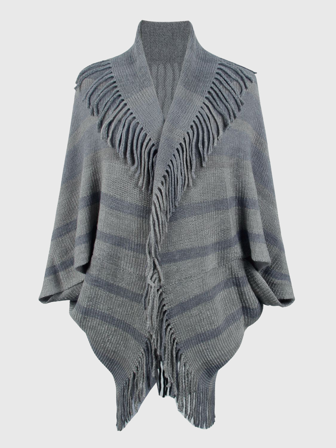 Gray striped open-front knit poncho displayed on a form.