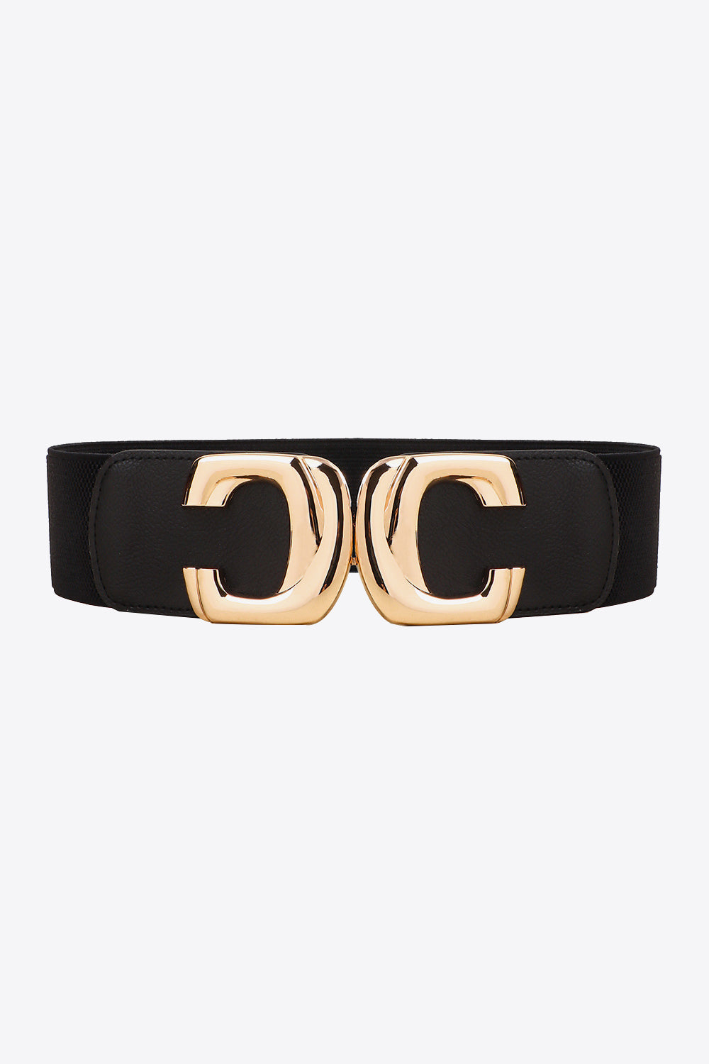 Front view of the black elastic waist belt with the metal buckle fastened.