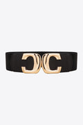 Front view of the black elastic waist belt with the metal buckle fastened.