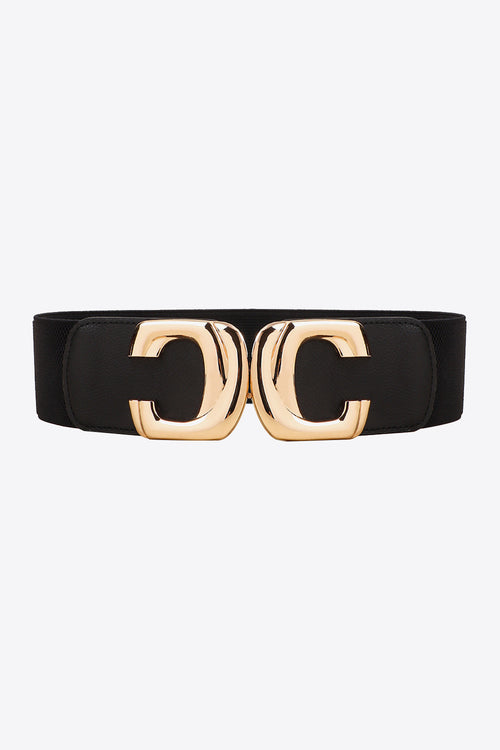 Front view of the black elastic waist belt with the metal buckle fastened.