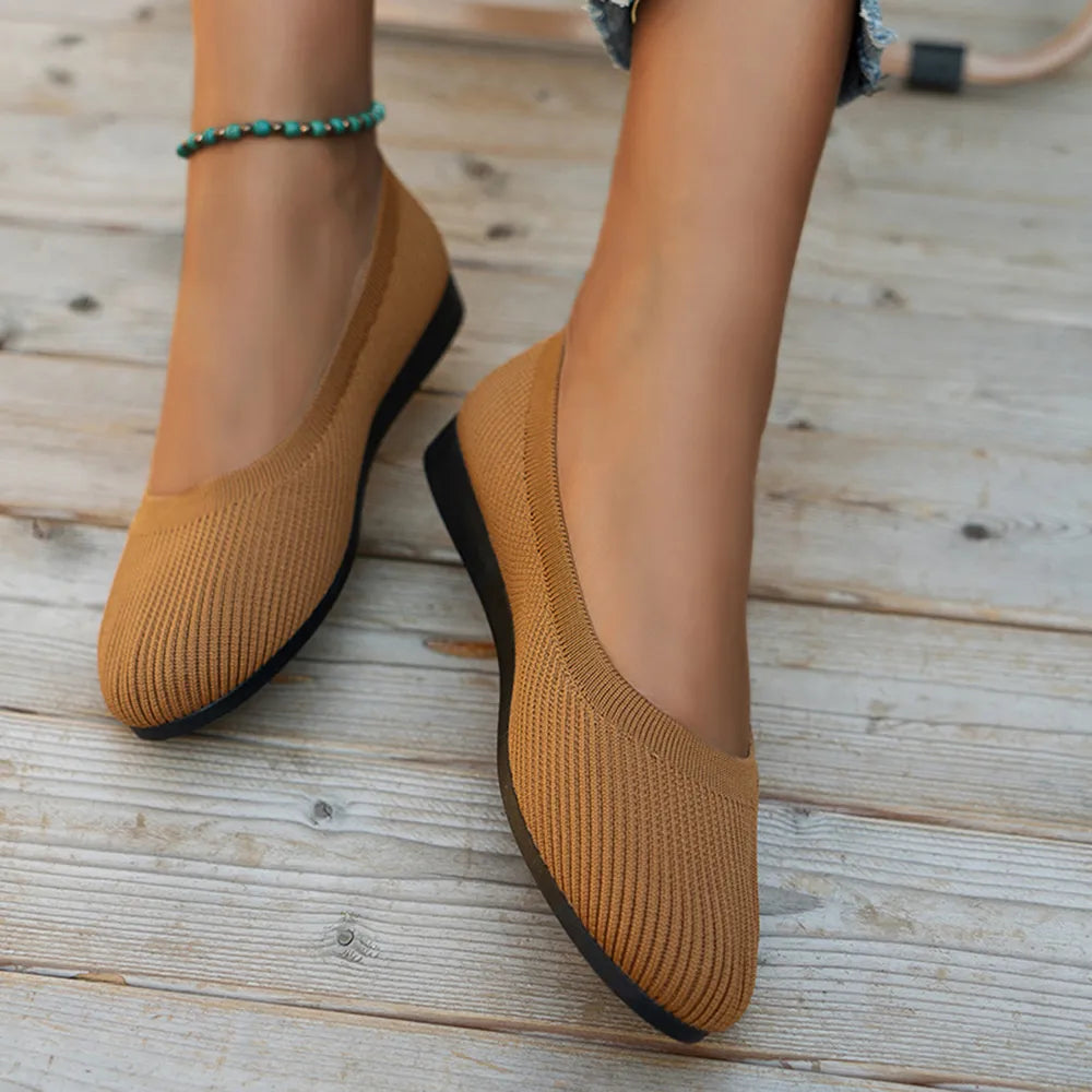 Top and side view of caramel knit ballet flats.