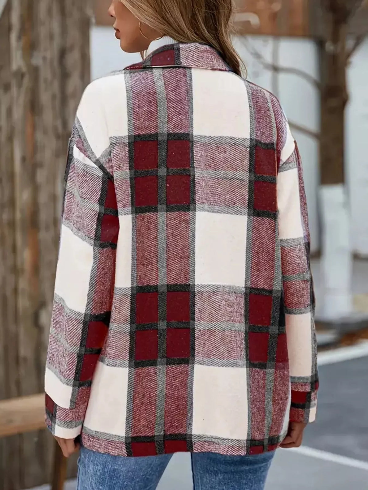 Back view of the red and cream plaid shacket.