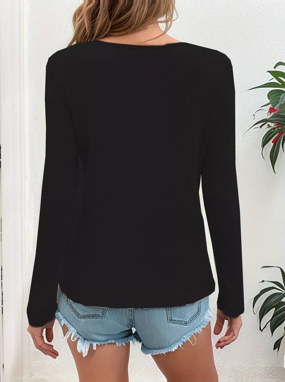 Back view of the Black waffle-knit long-sleeve top.