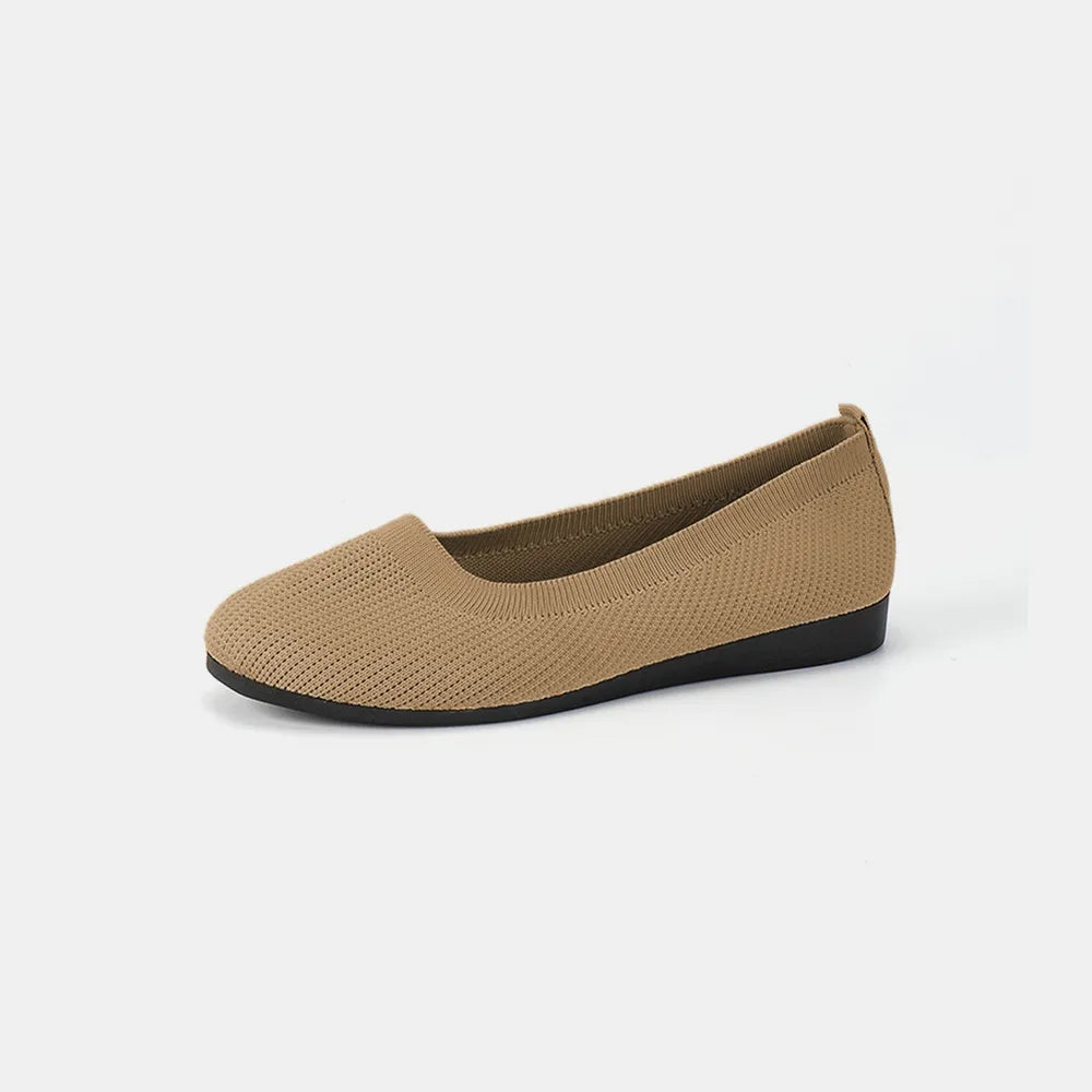 Khaki knit ballet flat shown from the side on a plain background.