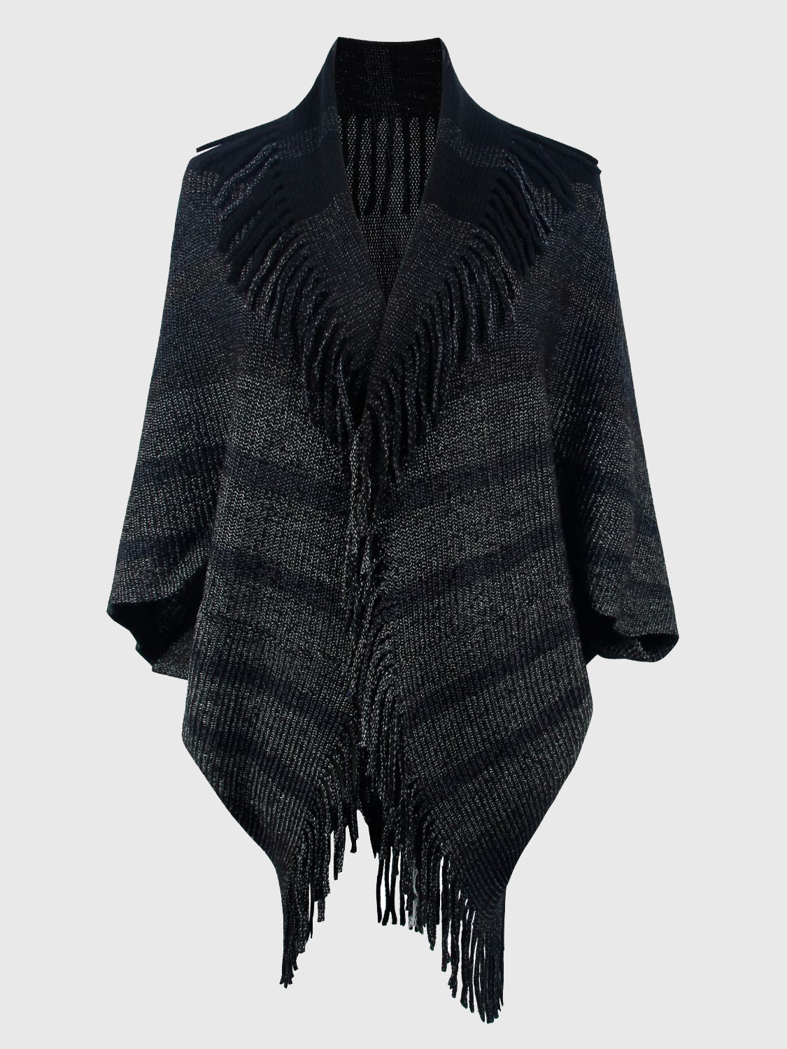 Black and dark gray striped open-front poncho on a form, with fringe along the edges.