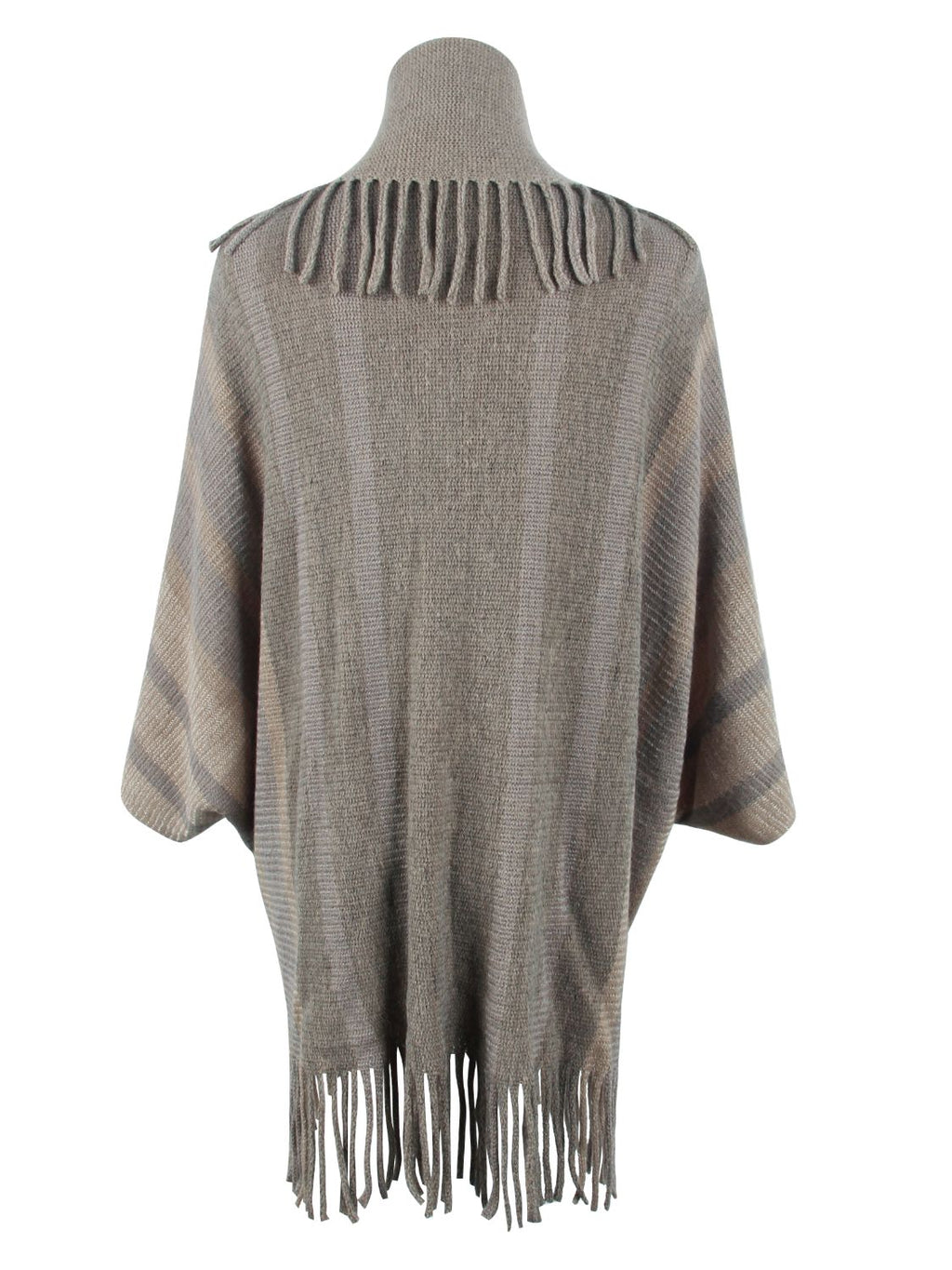 Back view of the taupe poncho showing shoulder fringe and a fringed lower hem.