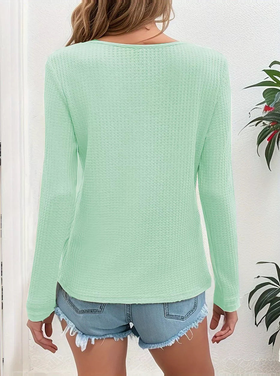 Back view of the Gum Leaf waffle-knit top.