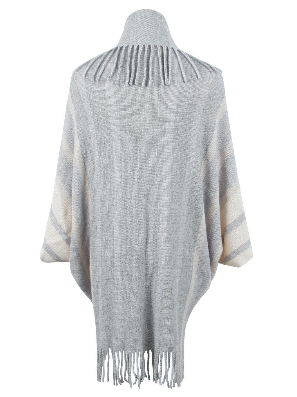 Back view of the light gray and cream poncho with shoulder and hem fringe.