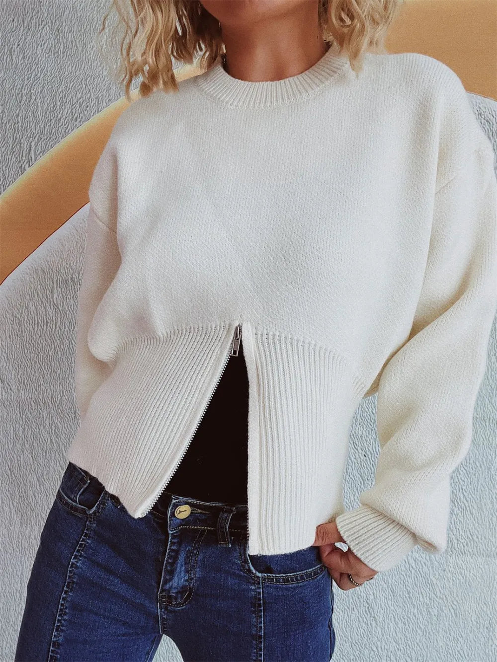 Half-Zip Long-Sleeve Knit Sweater in White – Fashion Line 575