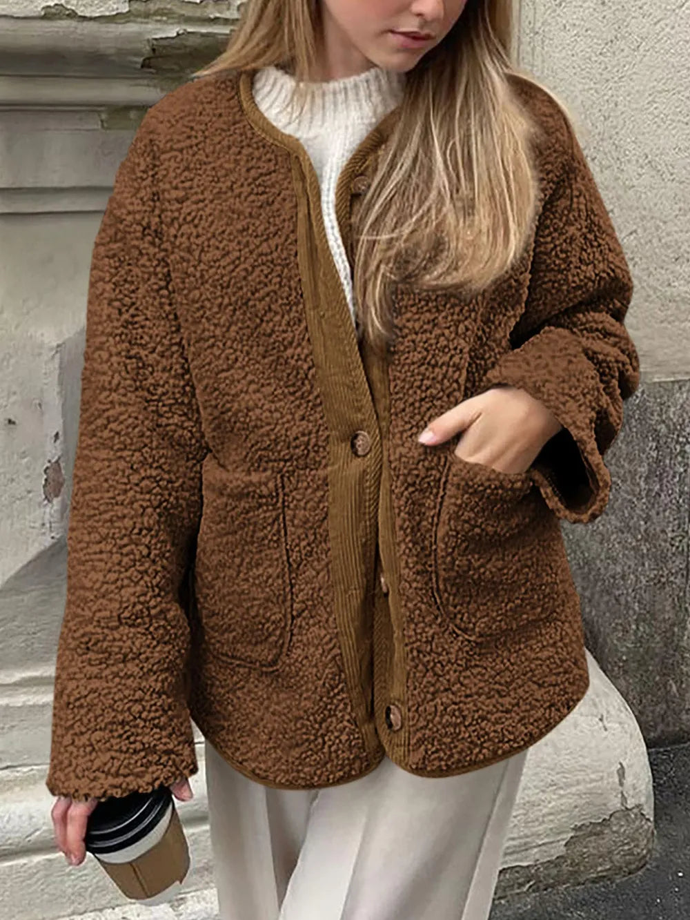 Front view of the brown textured jacket outdoors, with one hand in a patch pocket.