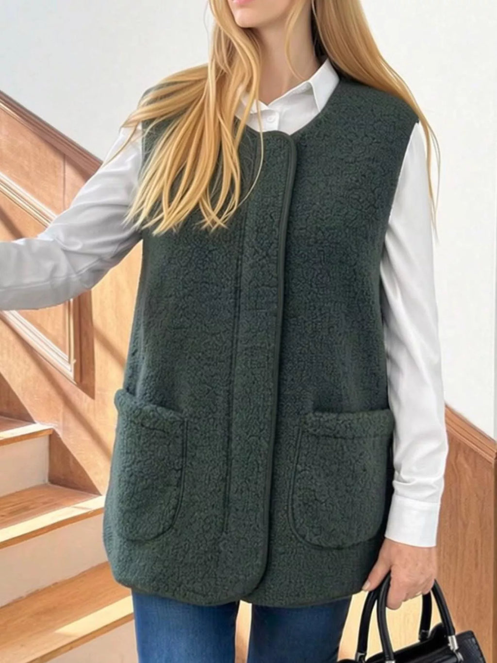 Dark Green sherpa vest with two patch pockets, worn over a white shirt with jeans.
