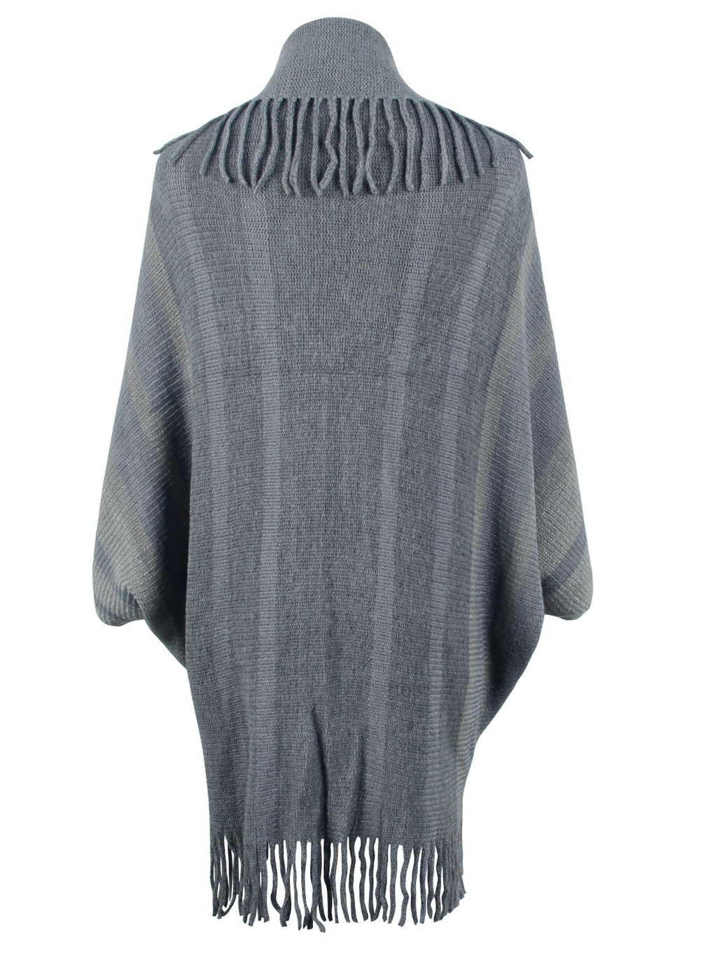 Back view of the gray poncho showing shoulder fringe and a fringed lower hem.