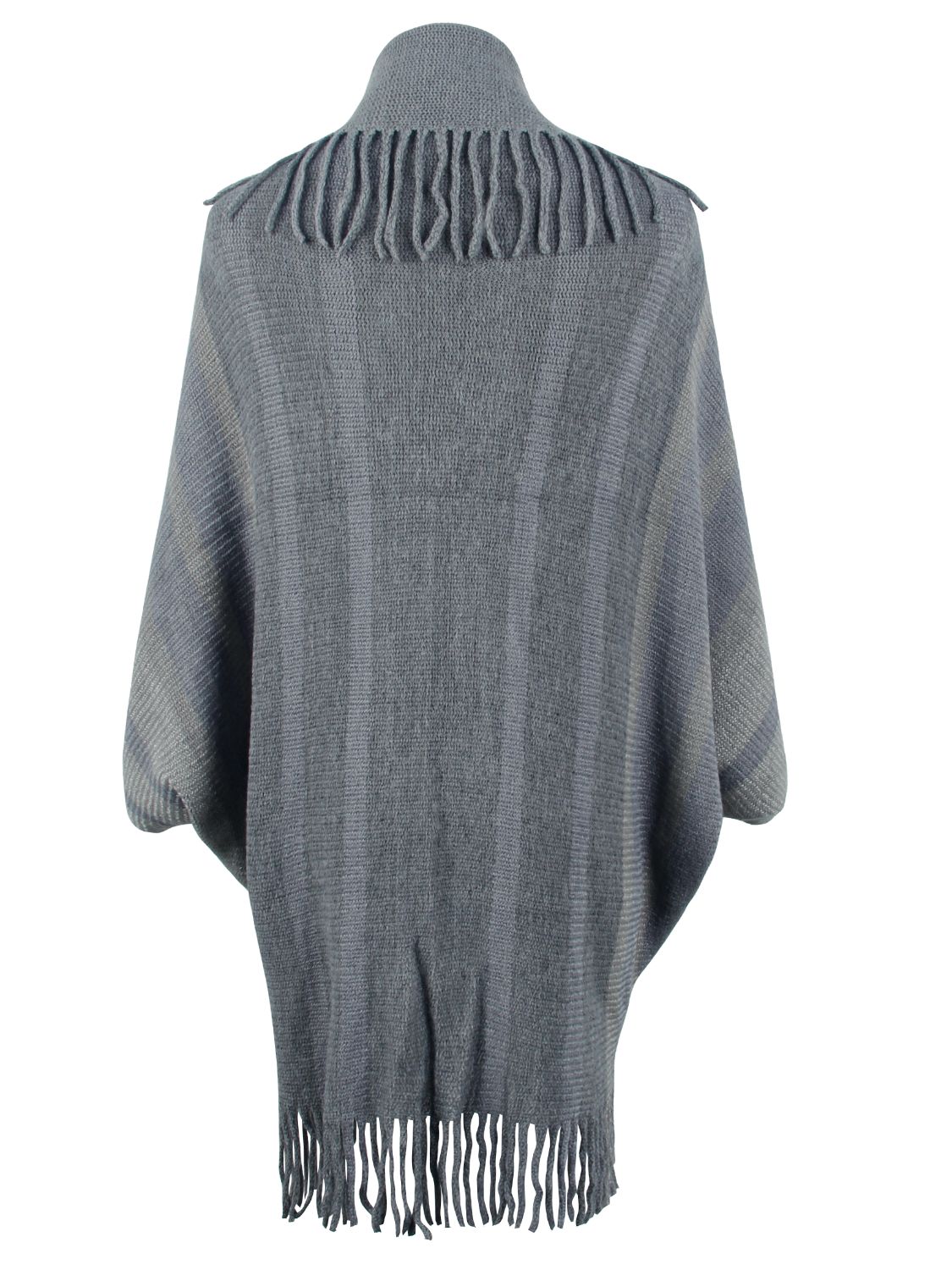 Back view of the gray poncho showing shoulder fringe and a fringed lower hem.