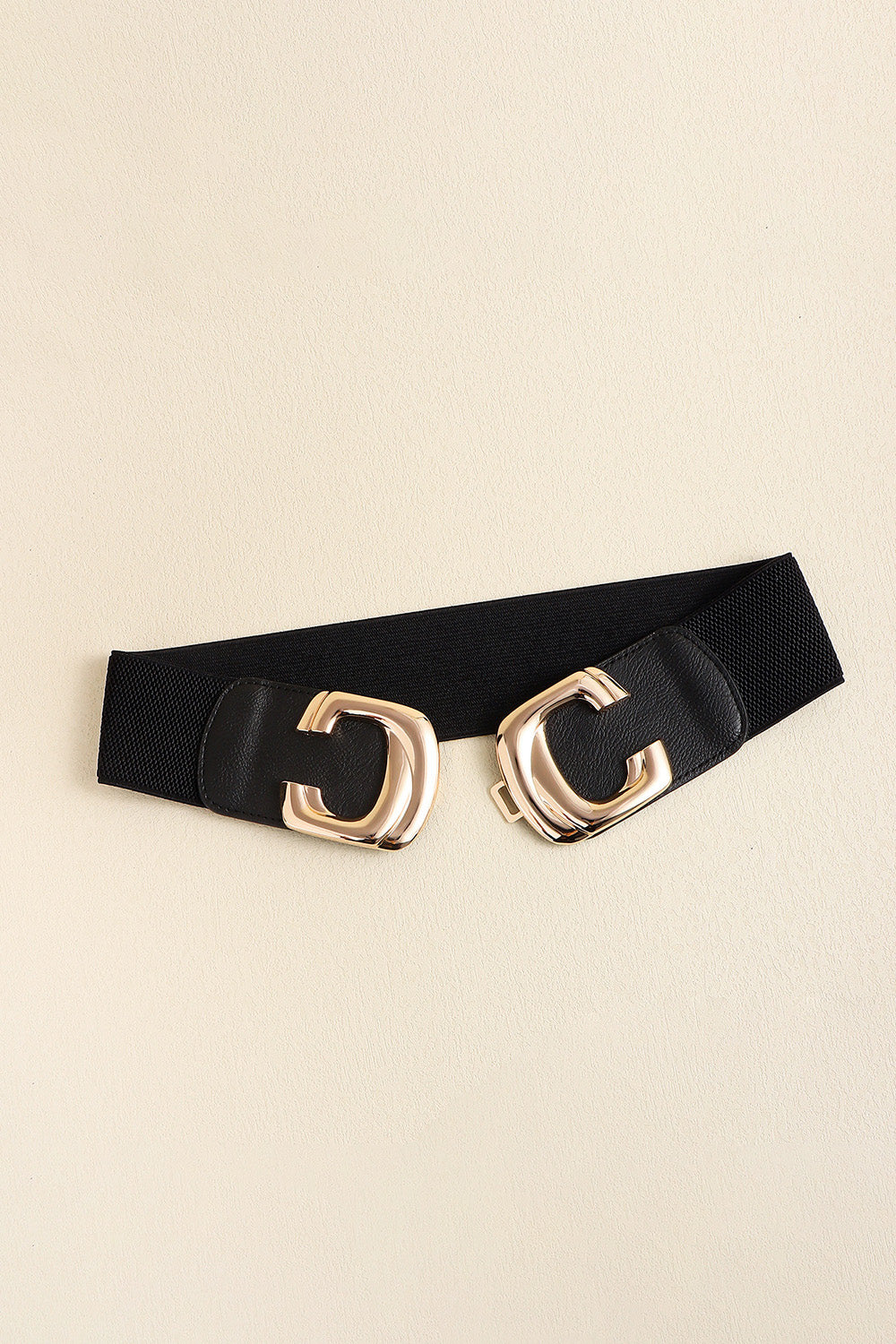 Black waist belt opened to show the two metal buckle pieces.